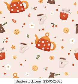 Gemütliches Herbstbild, nahtlos. Warmes Getränk, Kekse, Kaffee, Wasserkocher, Turk, Marmelade. Herbsthintergrund auf beigem Hintergrund