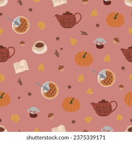 Cozy autumn style seamless pattern. Pumpkin, tea pot, cup of tea, book, pie, jam, leaves and acorns. Fall background. Vector design