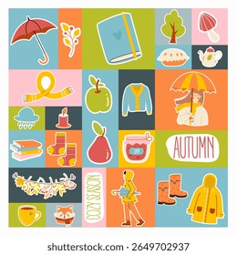 Cozy Autumn Tales Grid. Seamless pattern with various fall elements in grid layout