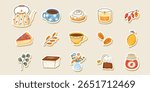 Cozy Autumn tea and coffee sticker set, vector watercolor of teacups, mugs, pastries, jam, drink, dessert, flowers. Perfect for planners, kitchen decor, scrapbooking, warm-themed projects