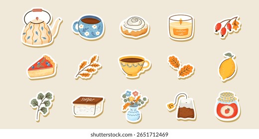 Aconchegante conjunto de adesivos de chá e café de outono, aquarela vetorial de xícaras, canecas, doces, geleia, bebida, sobremesa, flores. Perfeito para planejadores, decoração de cozinha, scrapbooking, projetos temáticos quentes
