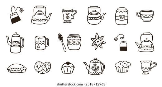 Cozy Autumn Tea Pot and Cup Doodle Sketch Icons Collection. Farm House Fall Design Elements Set Vector Illustration Vintage Retro Style