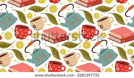 Cozy Autumn Tea Seamless Pattern – Books, Teapot, Cups and Lemon Vector Background