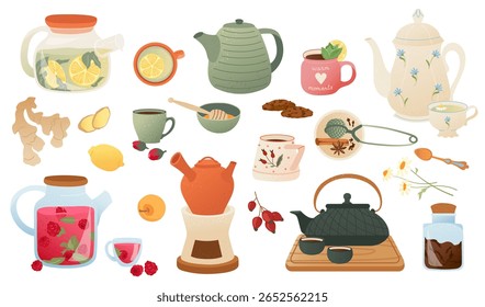 Aconchegante chá de outono tempo acessórios Teapots, xícaras, bebidas à base de ervas, infusores, especiarias e bagas com detalhes texturizados. Hygge humor para cartão sazonal, banner, cartaz, impressão ou projeto de decoração quente. Conjunto de vetores