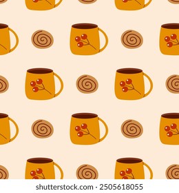 Cozy Autumn Tea Time Vector Seamless Pattern with Cinnamon Rolls and Tea Cups, Cute Fall Design. Perfect for Kitchen Decor or Homemade Recipe Cards