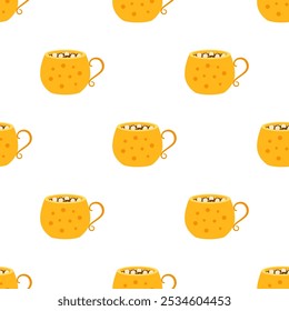 cozy autumn tea time vector seamless pattern with warm drink cup, cute fall design, perfect for kitchen decor or any design