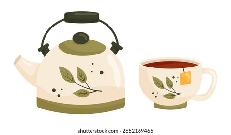 Aconchegante bule de outono e xícara com design de folha verde. Conjunto de chá de outono Ilustração. Vetor isolado no branco.