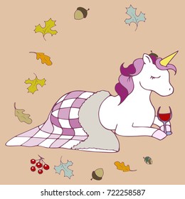 Cozy autumn unicorn drinking wine 