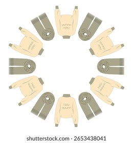 Cozy autumn vector with a circular scarf and sweaters  wreath. Hand drawn frame perfect for posters banners and online graphics