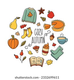 Cozy Autumn Vector Design Elements Doodle Set. Cute Cartoon Hand Drawn Fall Clothes, Rubber Boots, Food with Hand Lettering.