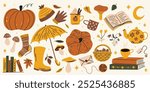 Cozy autumn vector illustration set, cute pumpkin, mushrooms, tea, coffee, umbrella, hat, gloves, fall leaves sticker elements collection in cartoon, retro, groovy style
