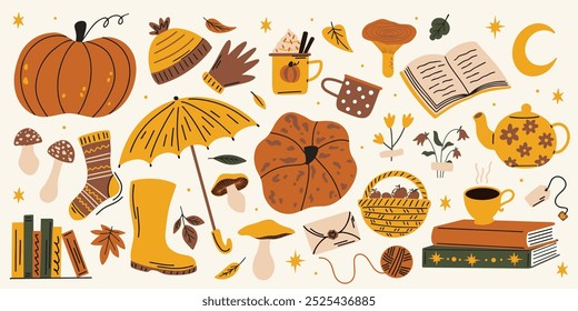 Cozy autumn vector illustration set, cute pumpkin, mushrooms, tea, coffee, umbrella, hat, gloves, fall leaves sticker elements collection in cartoon, retro, groovy style
