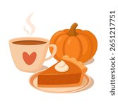 Cozy autumn vector illustration with slice of pumpkin pie with whipped cream, steaming hot drink in a cup with heart, and a whole pumpkin. Thanksgiving design, seasonal menu, cozy lifestyle graphics.
