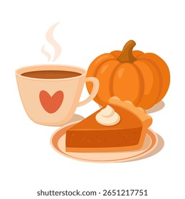 Cozy autumn vector illustration with slice of pumpkin pie with whipped cream, steaming hot drink in a cup with heart, and a whole pumpkin. Thanksgiving design, seasonal menu, cozy lifestyle graphics.