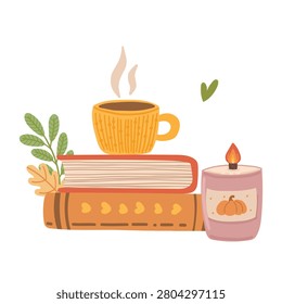 Cozy autumn vector illustration with stack of books, hot coffee and pumpkin candle isolated on white background.