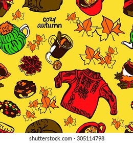 Cozy autumn. Vector seamless illustration: sleeping cat, tea, biscuits, autumn leaves, muffins, knitted sweater, mulled wine, cup of tea, cup of hot chocolate, cup of coffee, jar of jam.