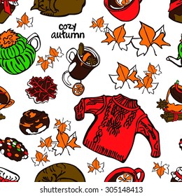 Cozy autumn. Vector seamless illustration: sleeping cat, tea, biscuits, autumn leaves, muffins, knitted sweater, mulled wine, cup of tea, cup of hot chocolate, cup of coffee, jar of jam.