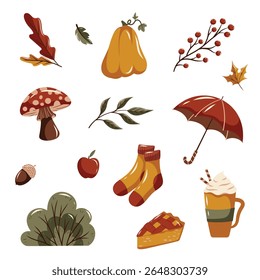 Cozy autumn vector set, fall leaves, mushroom, pumpkin, seasonal elements. Vector illustration