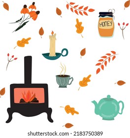 Cozy autumn. Vector set. Fireplace, tea, autumn evening.
High quality vector image.