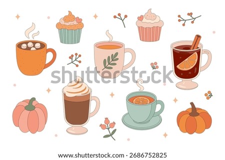Cozy Autumn Café Vector Set — Hot Drinks, Cupcakes, and Pumpkins on White Background, Cute Fall Illustration. 