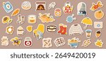Cozy autumn vector sticker big set with pumpkins, leaves, warm sweaters, cocoa, candles, umbrella, hedgehog, cat. Hand drawn for seasonal clipart, scrapbooking, fall decorations, Thanksgiving designs