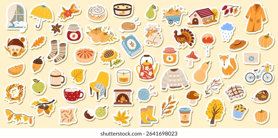 Cozy autumn vector sticker big set with pumpkins, leaves, warm sweaters, cocoa, candles, umbrella, hedgehog, cat. Hand drawn for seasonal clipart, scrapbooking, fall decorations, Thanksgiving designs