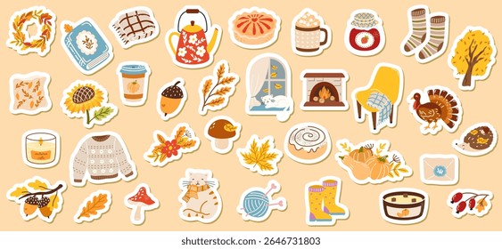 Cozy autumn vector sticker big set with pumpkins, leaves, warm sweaters, cocoa, candles, umbrella, hedgehog, cat. Hand drawn for seasonal clipart, scrapbooking, fall decorations, Thanksgiving designs