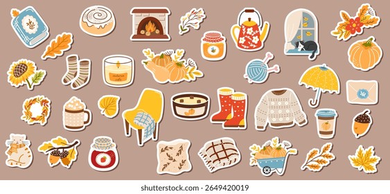 Cozy autumn vector sticker big set with pumpkins, leaves, warm sweaters, cocoa, candles, umbrella, hedgehog, cat. Hand drawn for seasonal clipart, scrapbooking, fall decorations, Thanksgiving designs