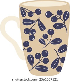 Cozy autumn vibes emanating from a beige mug adorned with a charming blueberry pattern, perfect for enjoying a warm beverage on a crisp fall day