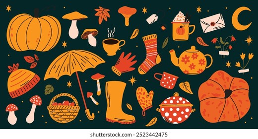 Cozy autumn vibes vector illustration set, cute pumpkin, mushrooms, tea, coffee, umbrella, hat, gloves, fall leaves, aesthetic sticker elements collection in cartoon, retro, groovy style
