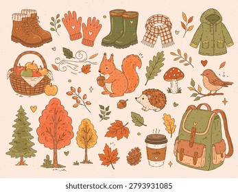 Cozy autumn walk doodle vector set with forest animals, raincoat, boots, backpack, apples and woodland elements in cute hand drawn style with soft earthy color palette