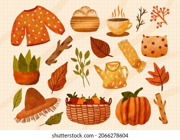 Cozy autumn Watercolor elements set, forest collection object, sweater, breads, coffee, cup, branch, potted plant, leaves, leaf, wood, pillow, shawl, fruit, orange, apple, pumpkin