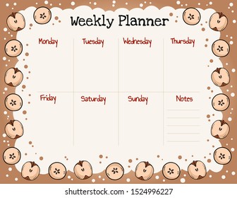 Cozy autumn weekly planner and to do list with apples ornament. Cute template for agenda, planners, check lists, and other kids stationery