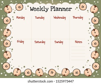Cozy autumn weekly planner and to do list with apples ornament. Cute template for agenda, planners, check lists, and other kids stationery