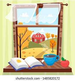 Cozy autumn window with beautiful fall view with trees, house and field. Book, apple and cup of tea on the windowsill. Hygge concept. Vector illustration cartoon flat style.