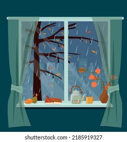 Cozy autumn window.  Rain, city.  A book, a cup of tea, a vase with physalis on the windowsill. Vector illustration.