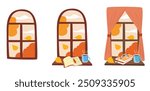 Cozy autumn window vector set. Window with autumn view, book and coffee cup on the windowsill. Autumn element. Autumn clipart. Seasonal view from window. Flat vector in cartoon style isolated on white