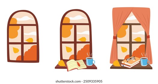 Cozy autumn window vector set. Window with autumn view, book and coffee cup on the windowsill. Autumn element. Autumn clipart. Seasonal view from window. Flat vector in cartoon style isolated on white