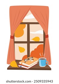 Cozy autumn window vector set. Window with autumn view, book and coffee cup on the windowsill. Autumn element. Autumn clipart. Seasonal view from window. Flat vector in cartoon style isolated on white