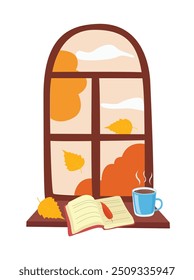 Cozy autumn window vector set. Window with autumn view, book and coffee cup on the windowsill. Autumn element. Autumn clipart. Seasonal view from window. Flat vector in cartoon style isolated on white