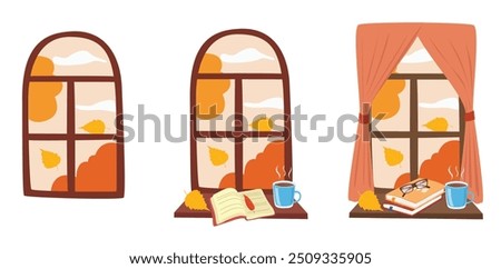 Cozy autumn window vector set. Window with autumn view, book and coffee cup on the windowsill. Autumn element. Autumn clipart. Seasonal view from window. Flat vector in cartoon style isolated on white