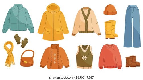 Cozy autumn and winter clothes set. Hand-drawn vector collection of warm seasonal outfits.