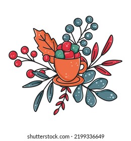 Cozy autumn or winter coffee composition with marshmallow berries and foliage. Warming delicious drink isolated vector illustration. The concept of comfort. Leaves, berries and herbs
