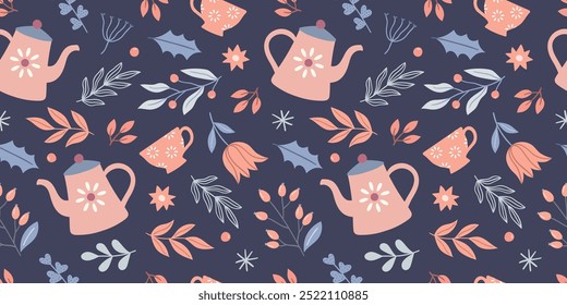 Cozy autumn winter pattern with cups, teapots, leaves, flowers, plants