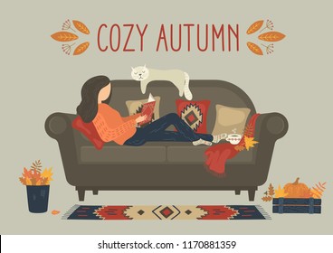 Cozy autumn. Woman reading book on sofa. Stay at home. Original vector illustration