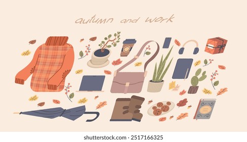 Cozy autumn and work illustration. Hand drawn elements clipart set
