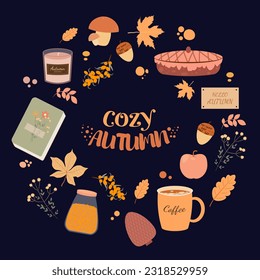 Cozy Autumnal collection with seasonal different elements, tea, candle, mushrooms, plants and book, pie, isolated on dark