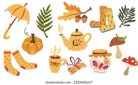 Cozy Autumnal collection with seasonal different elements, pumpkin, tea, socks, mushrooms, plants. Fully fall feeling. Vector hand draw illustration isolated on white background