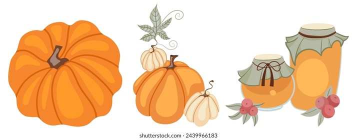 Acogedora colección de otoño con diferentes elementos de temporada, calabaza, té, calcetines, setas, plantas. Sensación de caída total. Ilustración del dibujo de la mano del vector aislada sobre fondo blanco