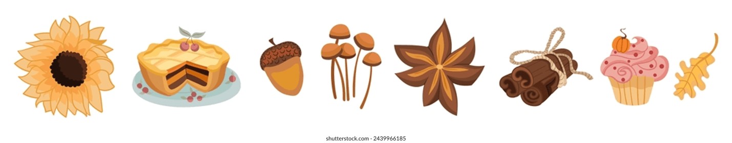 Cozy Autumnal collection with seasonal different elements, pumpkin, tea, socks, mushrooms, plants. Fully fall feeling. Vector hand draw illustration isolated on white background